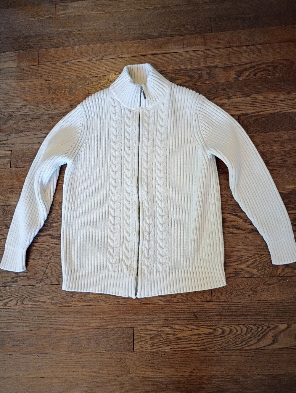 Vintage Lands' End Cable Knit Zip Front Cotton Cream Ivory Cardigan Size Large